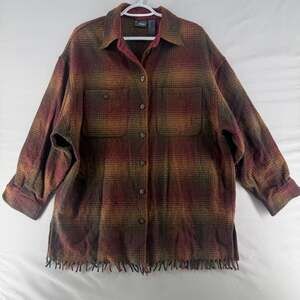 0931 Small Lizwear Vintage Wool Blend Plaid Fringe Hem Shirt Jacket